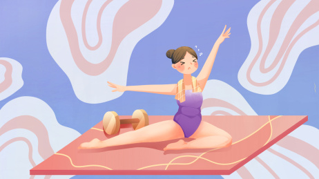 卡通减肥插画 在瑜伽垫上做拉伸锻练的少女