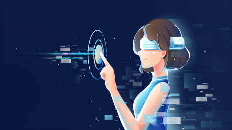 深蓝色动漫未来科技插画 虚拟少女点击按钮