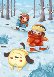 冬天在户外雪地上和狗一起玩滑雪的小孩