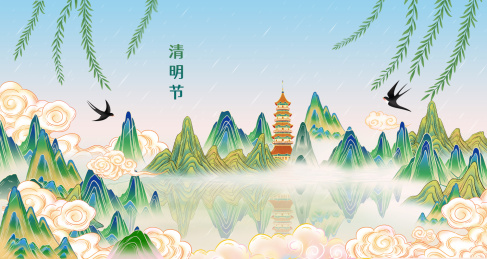 春天江南山水自然风光国风插画