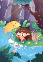 森林里小女孩举着雨伞给小鸭子挡雨