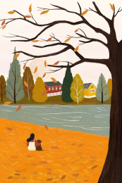 女孩和小狗在树下看风景