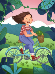 女孩森林骑自行车插画