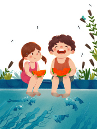 立夏谷雨夏至青蛙荷塘清新可爱儿童插画西瓜