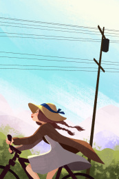 骑自行车清新卡通女孩浪漫插画