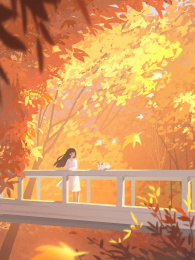 女孩在桥上欣赏秋天的森林风景治愈插画