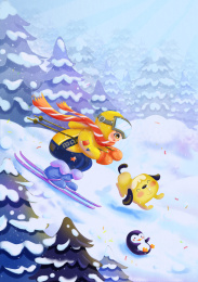 在雪地上和小动物一起滑雪的小孩