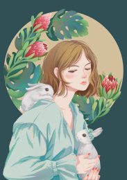 少女花朵与兔子时尚插画