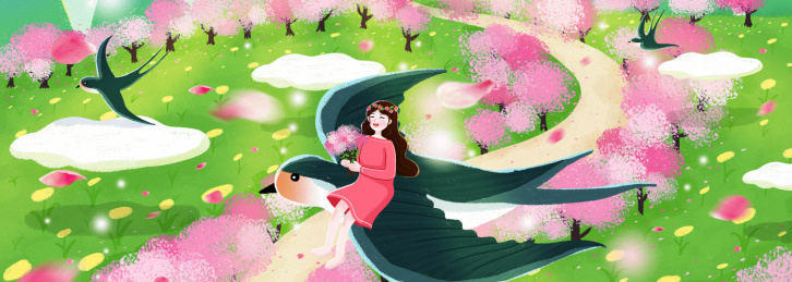 小女孩骑着燕子在桃花林中飞翔春天插画