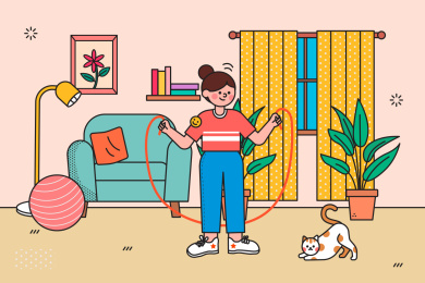 在家跳绳锻炼的女孩矢量插画