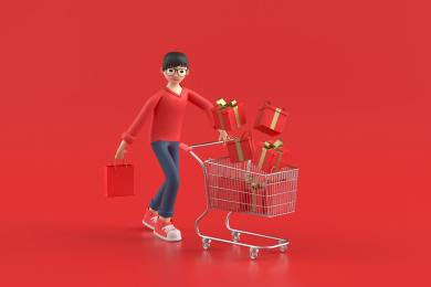 一个男生捧着礼盒购物袋购物