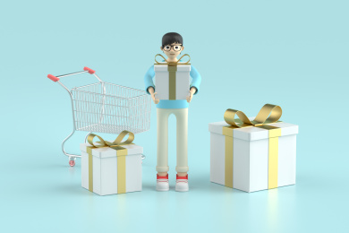 一个男生捧着礼盒购物袋购物