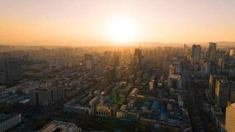 航拍石家庄天际线日落