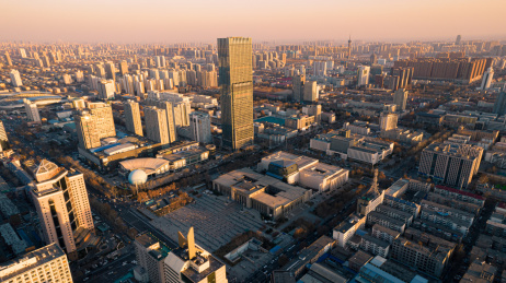 航拍石家庄天际线日落