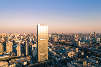 航拍石家庄天际线日落