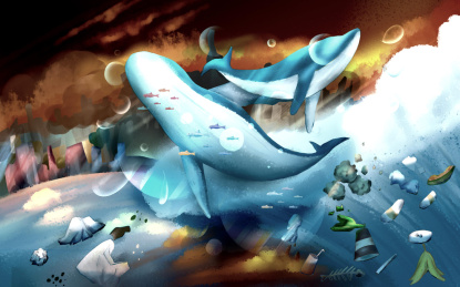 原创手绘鲸鱼海浪垃圾环境污染环保插画