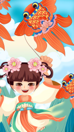 春天在田野里放风筝女孩清明矢量插画