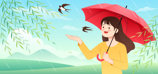 春天一个撑着雨伞的女孩和柳叶燕子等