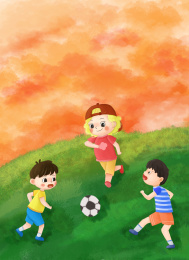 男孩女孩在草地上踢足球