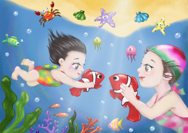 原创插画亲子运动亲子游泳