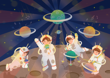 卡通可爱宇航员太空乐队插画海报