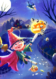 万圣节骑着扫帚的巫师男孩和南瓜灯插画