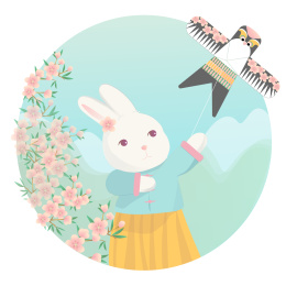 春分黄裙子白兔在桃花树林放风筝踏青郊游