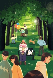 春天公园长椅抱花女孩清新插画