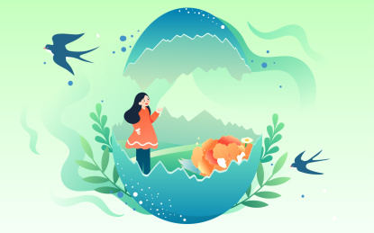 春分立蛋习俗插画春天牡丹盛开风景活动海报