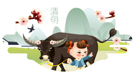 清明牧童放牛矢量插画