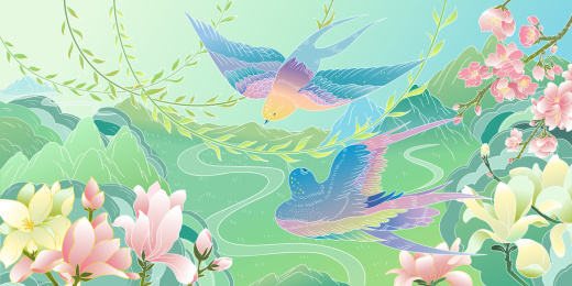 春天季节节气国风线条插画