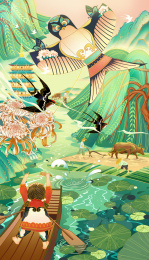 国风插画 风筝 燕子 踏青 春耕 游湖