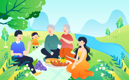 春天一家人春游插画春季人物踏青出行海报