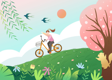 春天女孩户外踏青骑自行车风景插画海报