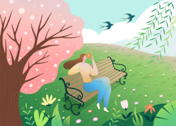 春天座在公园长椅上的女孩插画海报