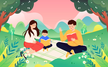 亲子教育阅读插画春天一家人春游踏青海报