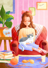 坐在沙发上抱着小猫对的女性