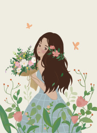 拿着手捧花的蓝裙子少女