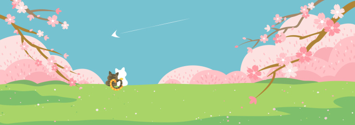 蓝天绿草樱花树下一对小猫依偎着看天空横板