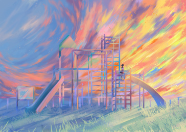 少女在草地上望着晚霞