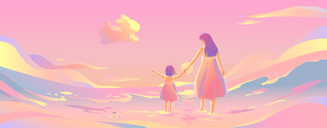 母女俩在粉色日落的海边看天边的彩云横板