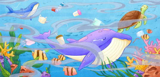 鲸鱼和海龟在被污染的海水里