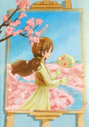 樱花林里画画的少女