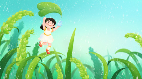 一个女孩站在稻田里谷雨下雨插画