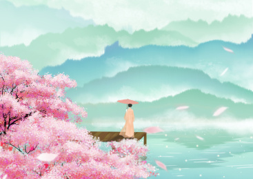 春天新中式樱花山水画