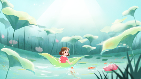 一个女孩坐在叶子上立夏大暑荷叶节气插画海