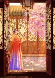 光影古风汉服少女站在中式传统庭院中赏花