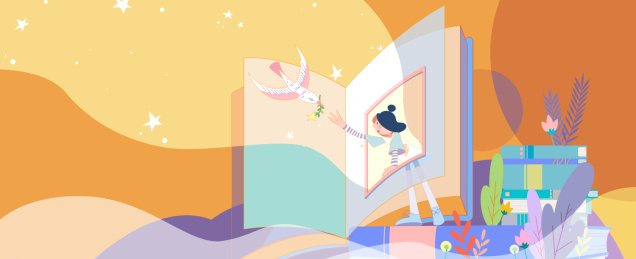 女孩站通过书开的窗碰触到白鸽叼来的星星横