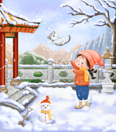 小女孩和小猫玩雪堆雪人