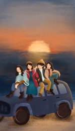 和朋友自驾游旅行看日出插画